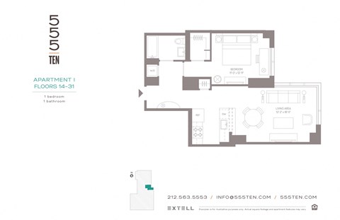 Floor plan for studio, 1 bath, 728 sqft